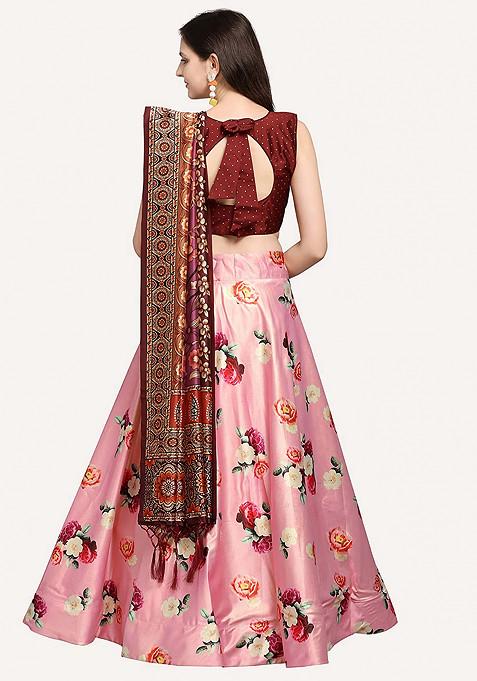 Maroon Printed Silk Satin Lehenga Set