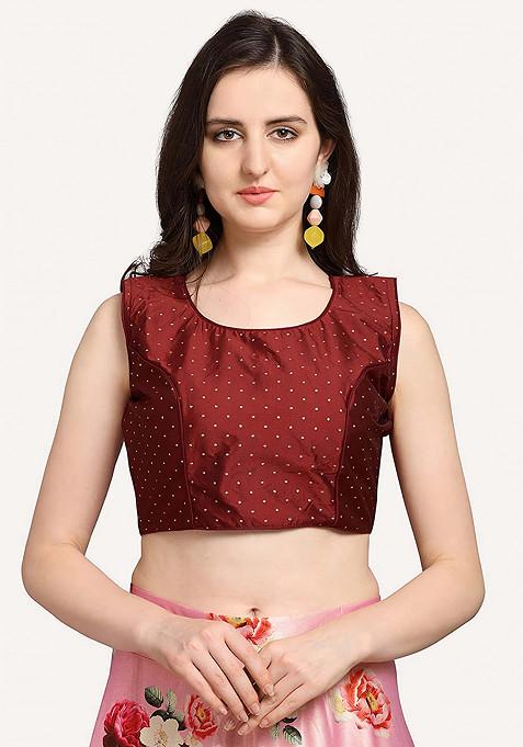 Maroon Printed Silk Satin Lehenga Set