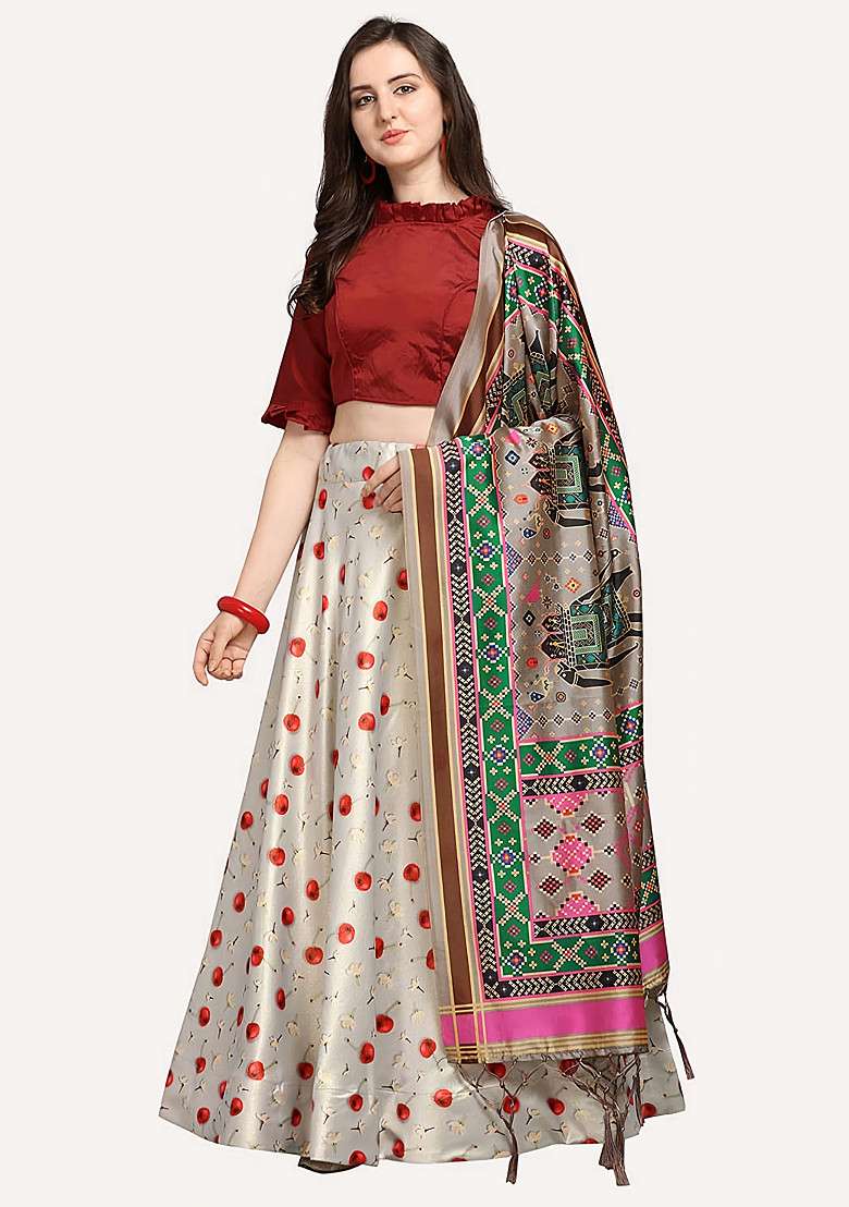 Maroon Blend Satin Silk Lehenga Set with Printed for Diwali | Wedding & Festive Wear - Indya