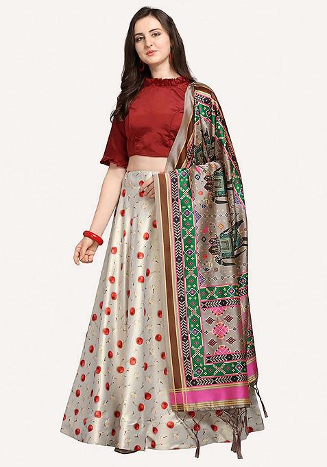 Maroon Printed Satin Silk Lehenga Set