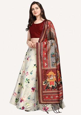 Dark Maroon Digital Print Satin Silk Lehenga Set