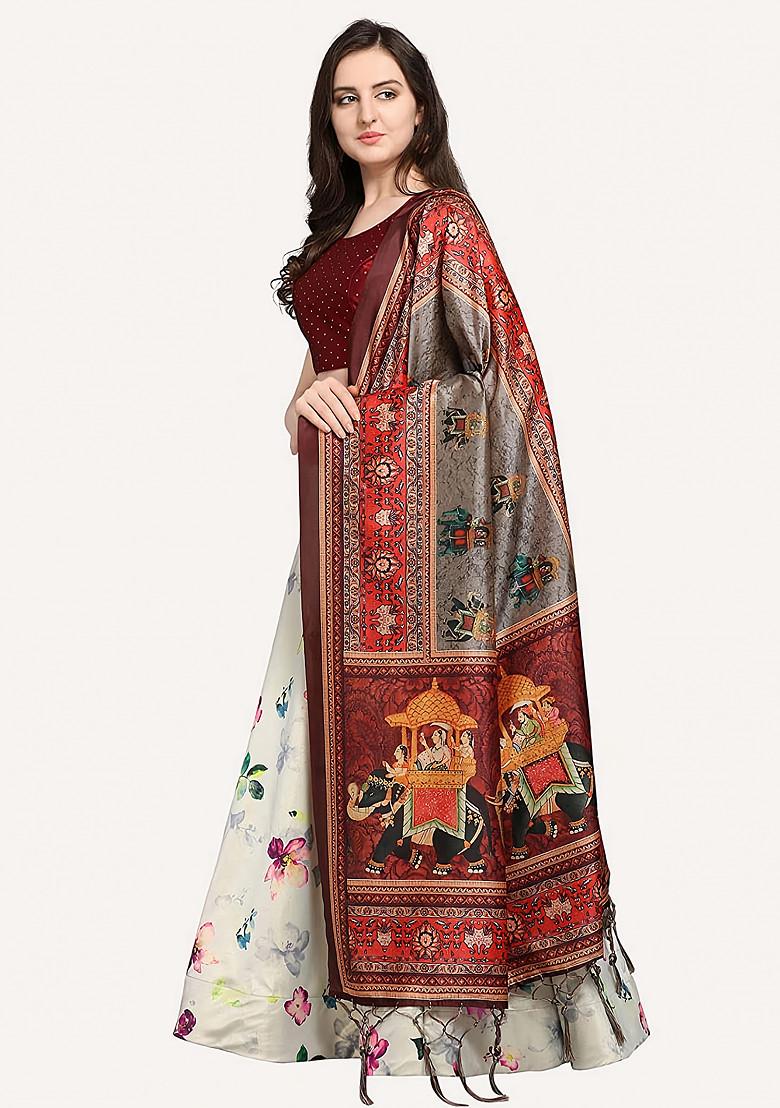 Dark Maroon Digital Print Satin Silk Lehenga Set