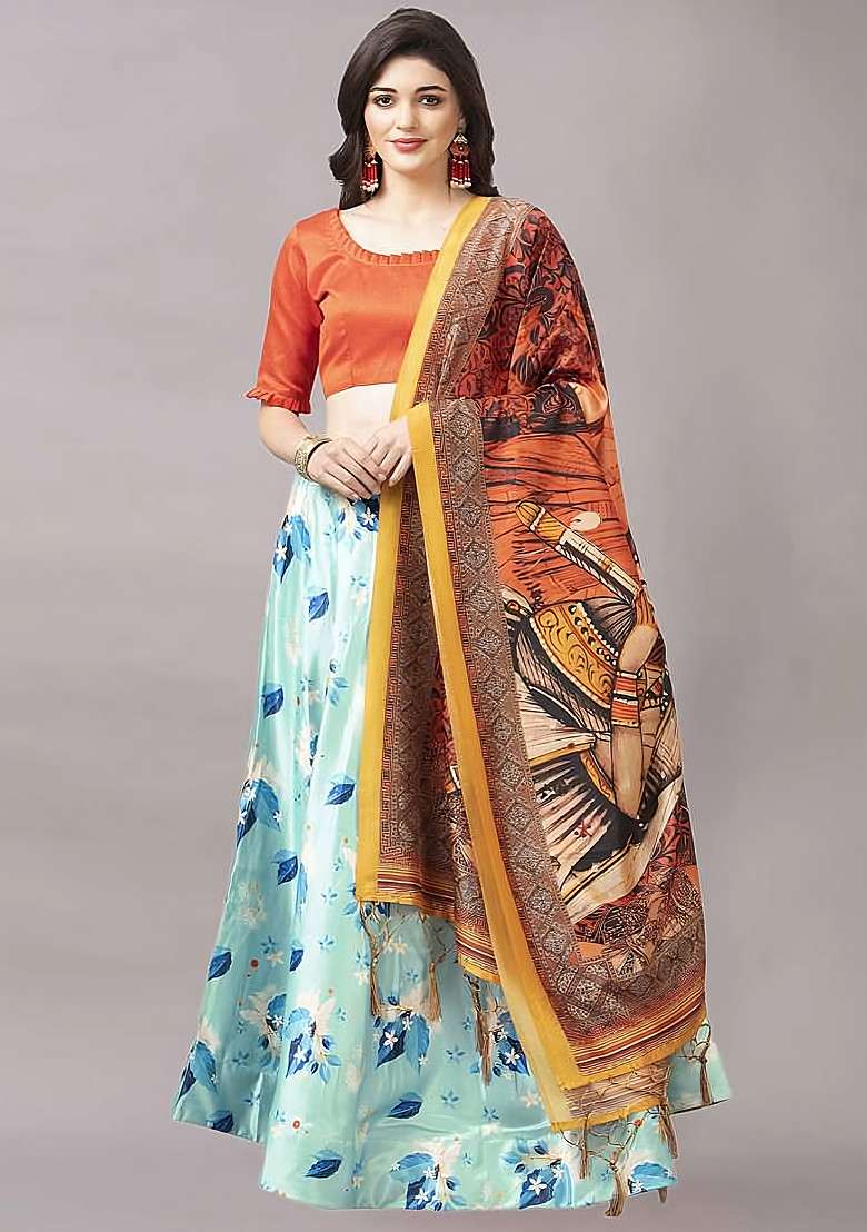 Orange Digital Print Satin Silk Blend Lehenga Set for Diwali and Festive Wear - Indya