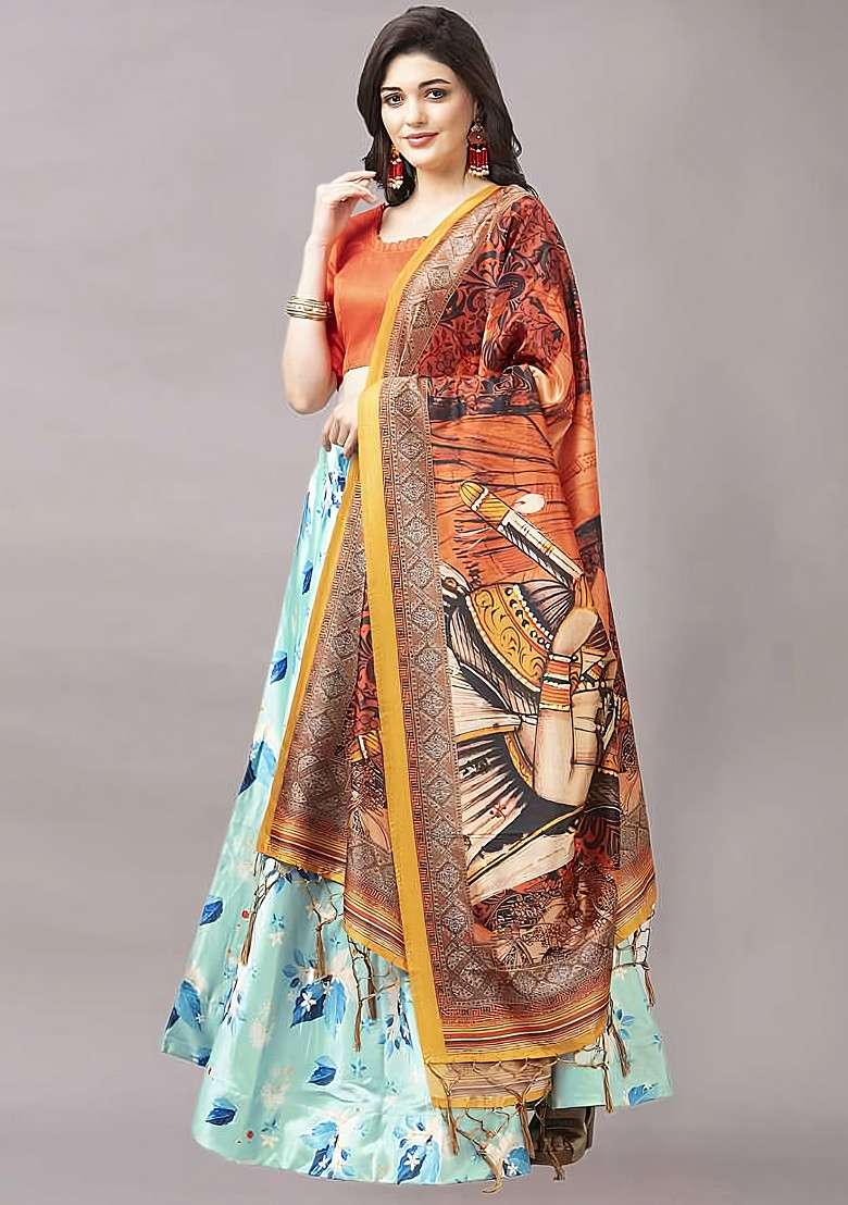 Orange Digital Print Satin Silk Blend Lehenga Set for Diwali and Festive Wear - Indya