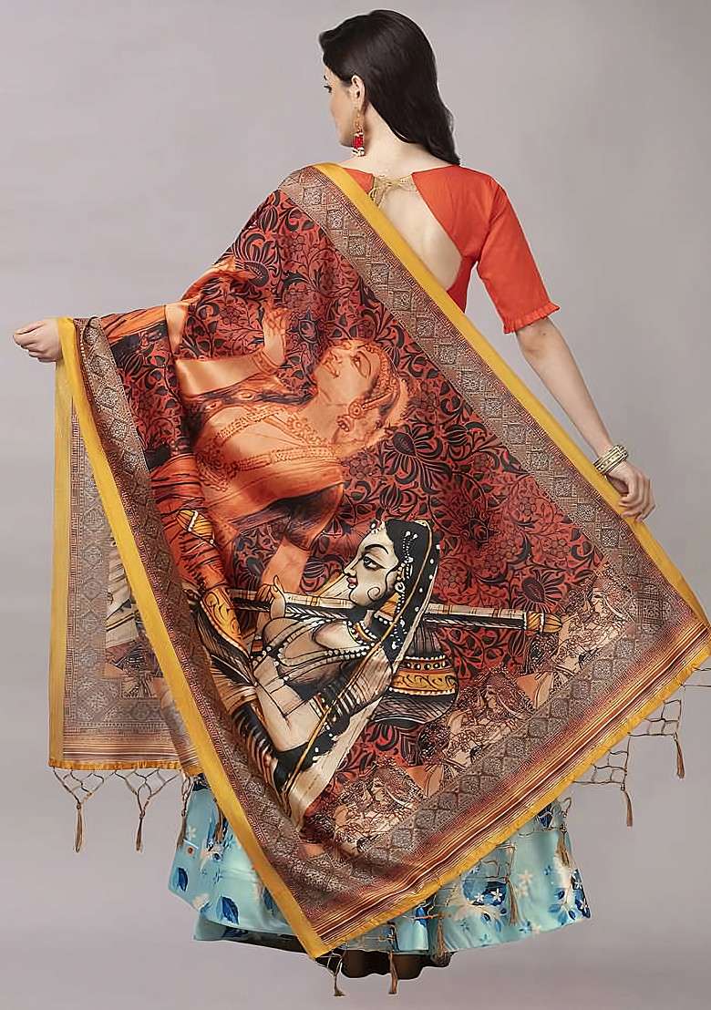 Orange Digital Print Satin Silk Blend Lehenga Set for Diwali and Festive Wear - Indya