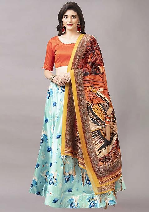 Orange Digital Print Satin Silk Lehenga Set