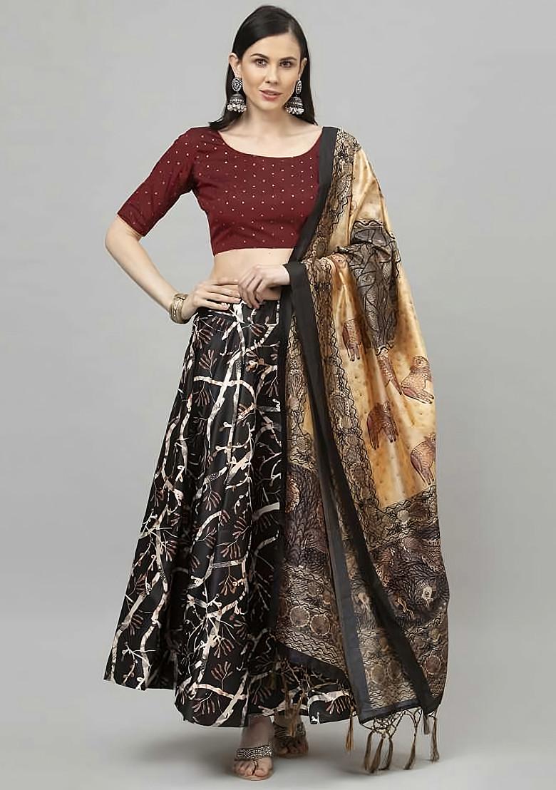 Dark Maroon Digital Print Satin Silk Lehenga Set