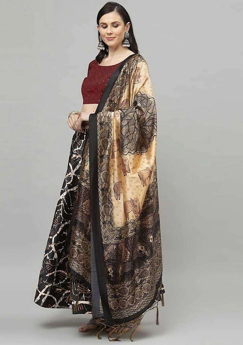 Dark Maroon Digital Print Satin Silk Lehenga Set