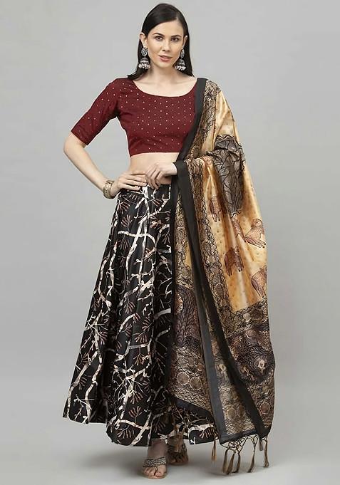 Dark Maroon Digital Print Satin Silk Lehenga Set