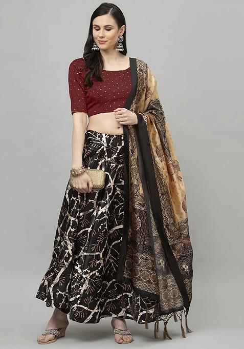 Dark Maroon Digital Print Satin Silk Lehenga Set