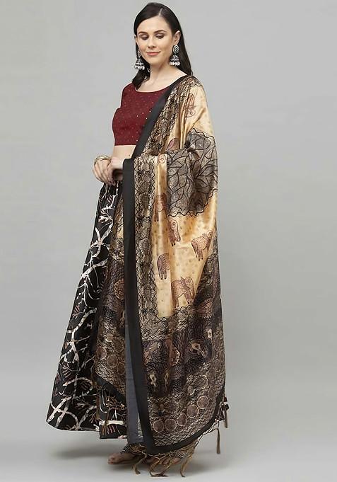 Dark Maroon Digital Print Satin Silk Lehenga Set