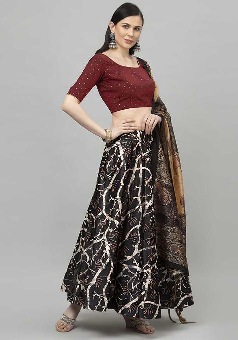 Dark Maroon Digital Print Satin Silk Lehenga Set