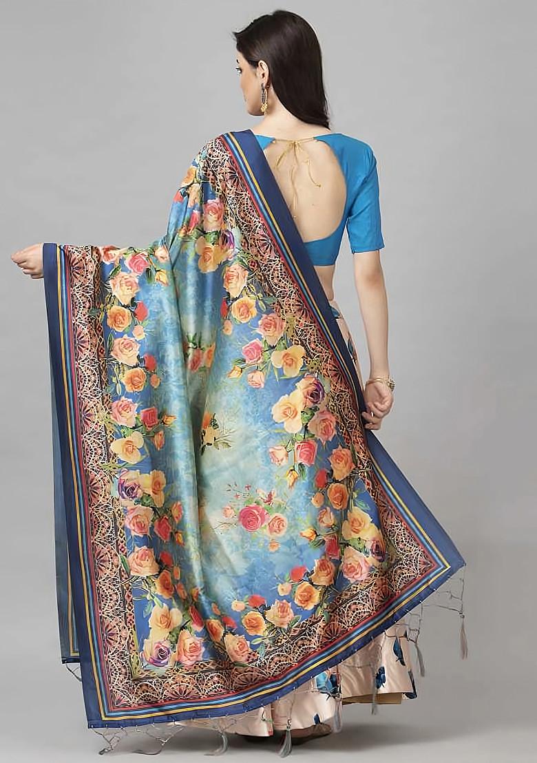 Teal Digital Print Silk Satin Lehenga Set
