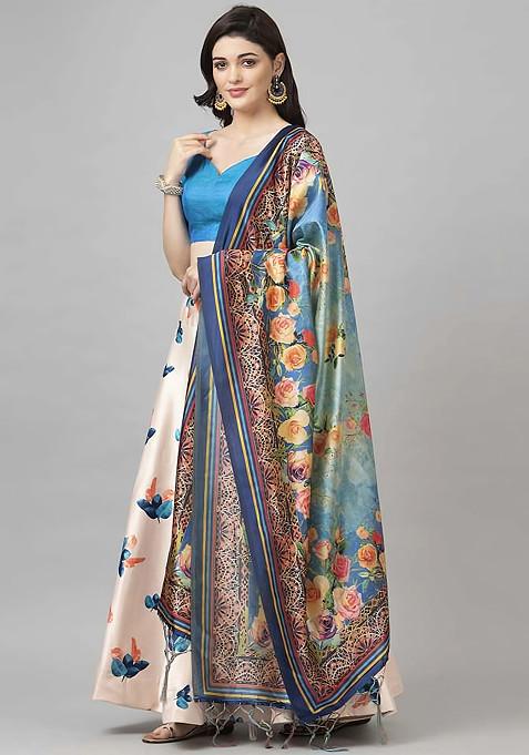 Teal Digital Print Silk Satin Lehenga Set