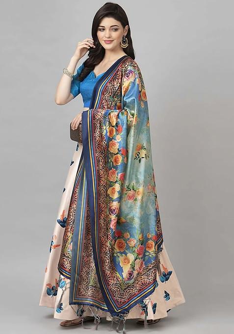 Teal Digital Print Silk Satin Lehenga Set