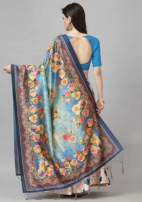 Teal Digital Print Silk Satin Lehenga Set