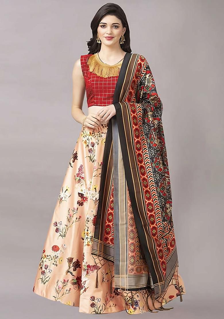 Red Digital Check Print Silk Satin Lehenga Set