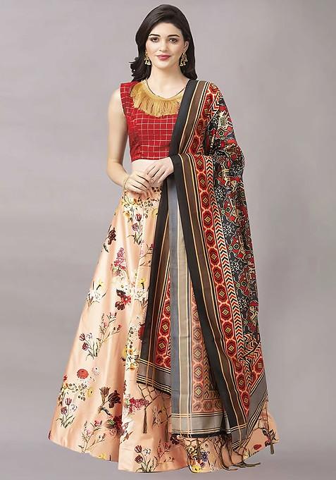 Red Digital Check Print Silk Satin Lehenga Set