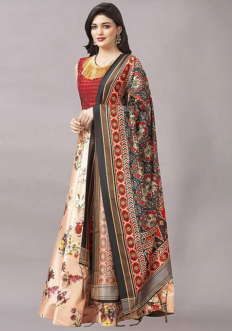 Red Digital Check Print Silk Satin Lehenga Set