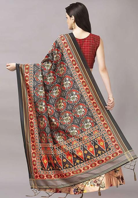 Red Digital Check Print Silk Satin Lehenga Set