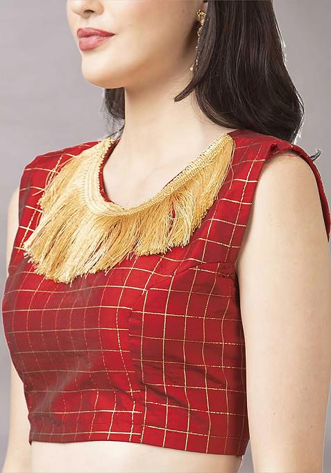 Red Digital Check Print Silk Satin Lehenga Set