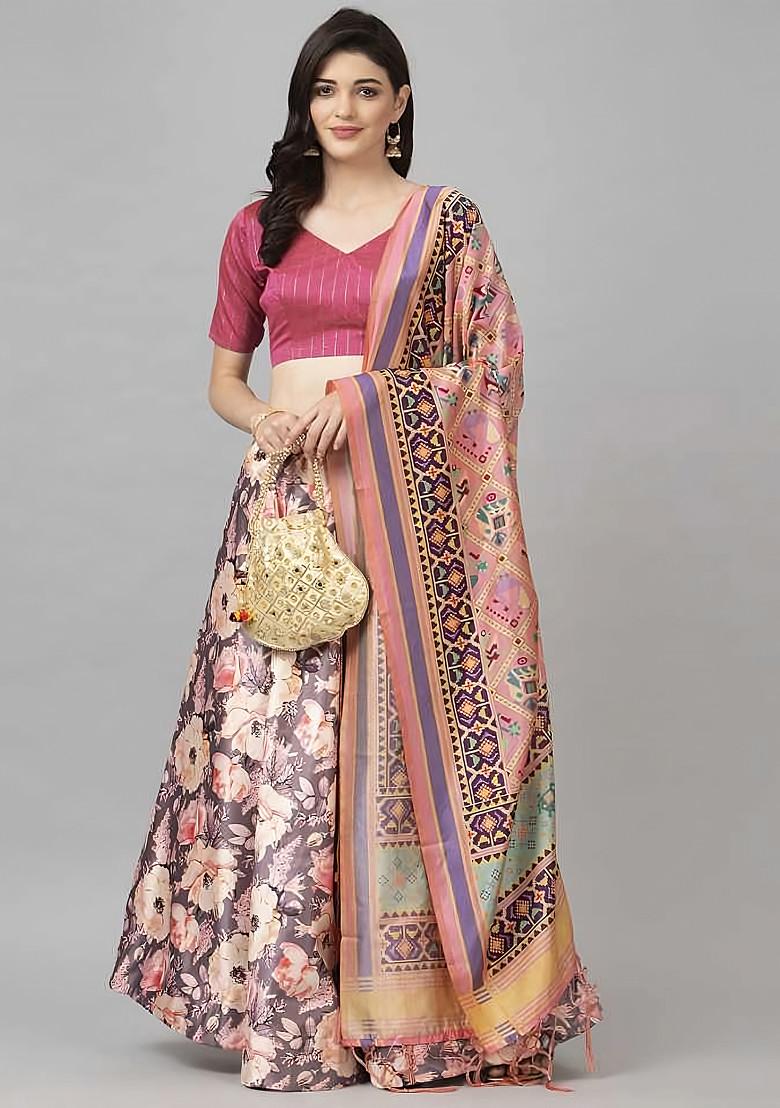 Fuchsia Pink Digital Print Silk Satin Lehenga Set