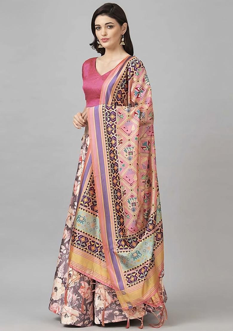 Fuchsia Pink Digital Print Silk Satin Lehenga Set