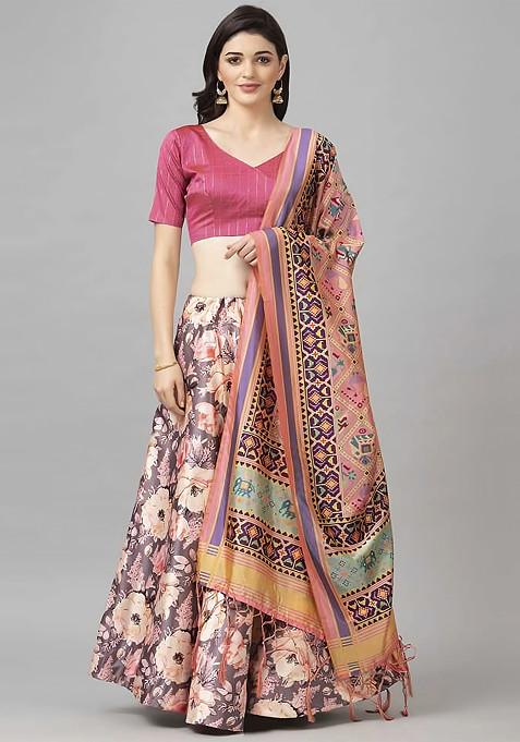 Fuchsia Pink Digital Print Silk Satin Lehenga Set