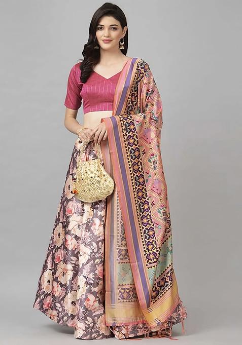 Fuchsia Pink Digital Print Silk Satin Lehenga Set