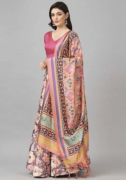 Fuchsia Pink Digital Print Silk Satin Lehenga Set