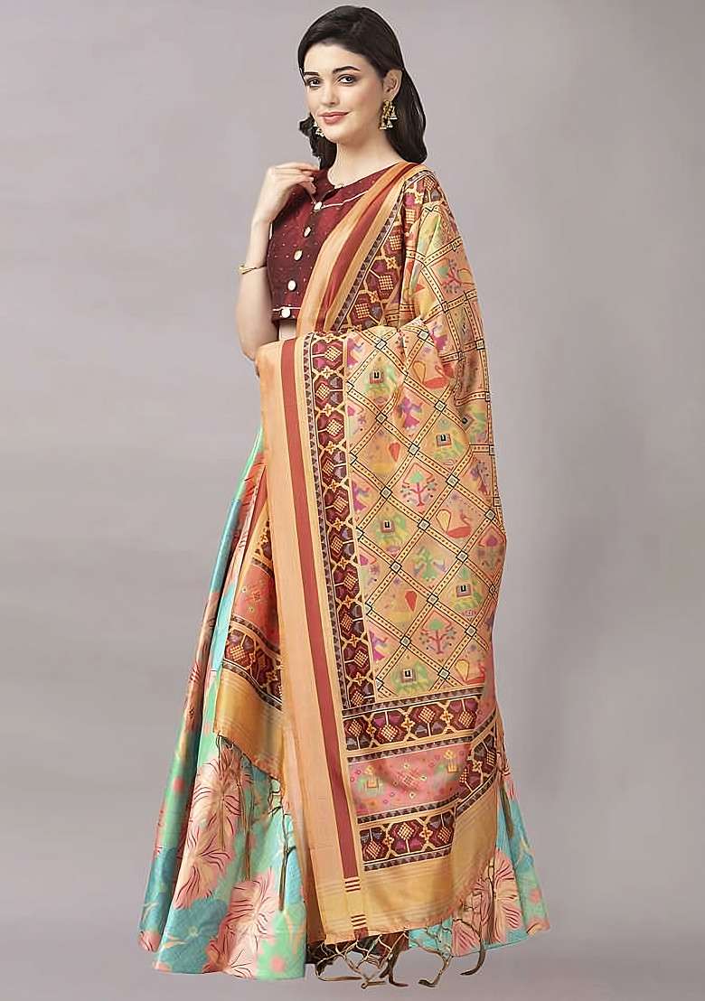 Dark Maroon Blend Satin Silk Lehenga Set with Printed for Diwali | Wedding & Festive Wear - Indya