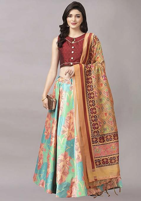 Dark Maroon Printed Satin Silk Lehenga Set