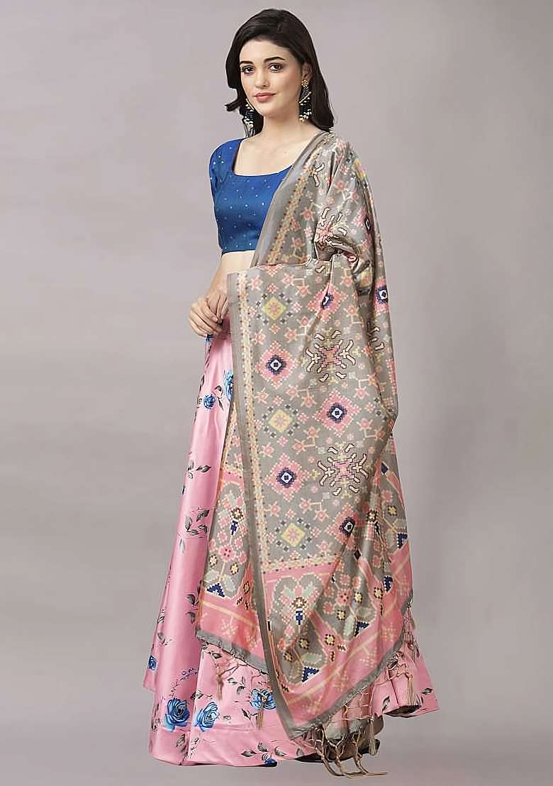 Blue Digital Print Satin Silk Blend Lehenga Set for Diwali and Festive Wear - Indya