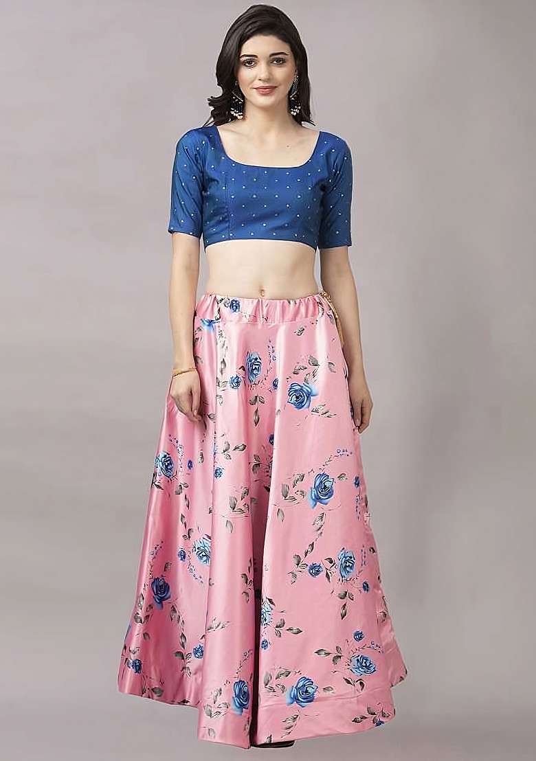 Blue Digital Print Satin Silk Blend Lehenga Set for Diwali and Festive Wear - Indya