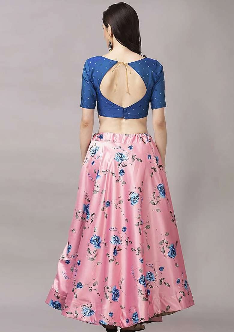 Blue Digital Print Satin Silk Blend Lehenga Set for Diwali and Festive Wear - Indya