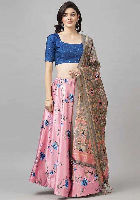 Blue Digital Print Satin Silk Lehenga Set