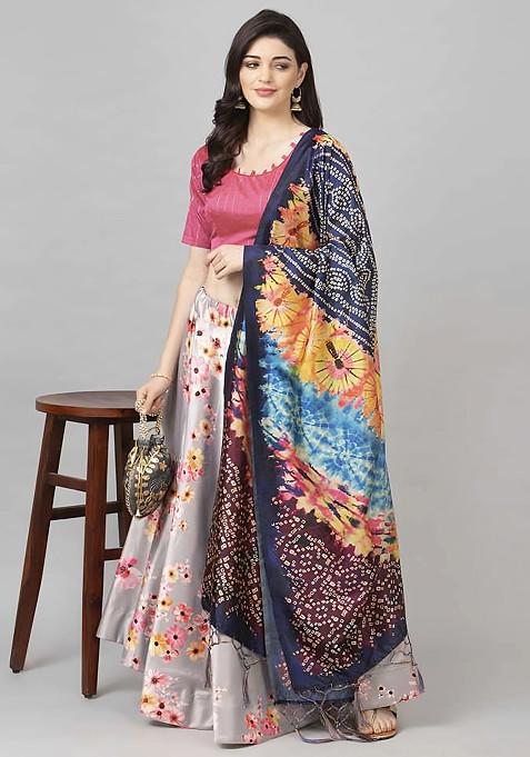 Fuchsia Pink Printed Satin Silk Lehenga Set