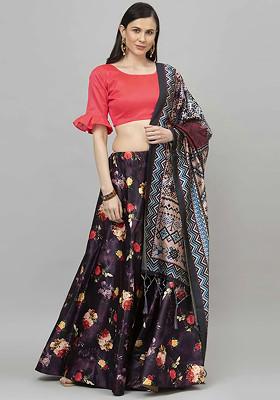 Fuchsia Pink Printed Silk Satin Lehenga Set