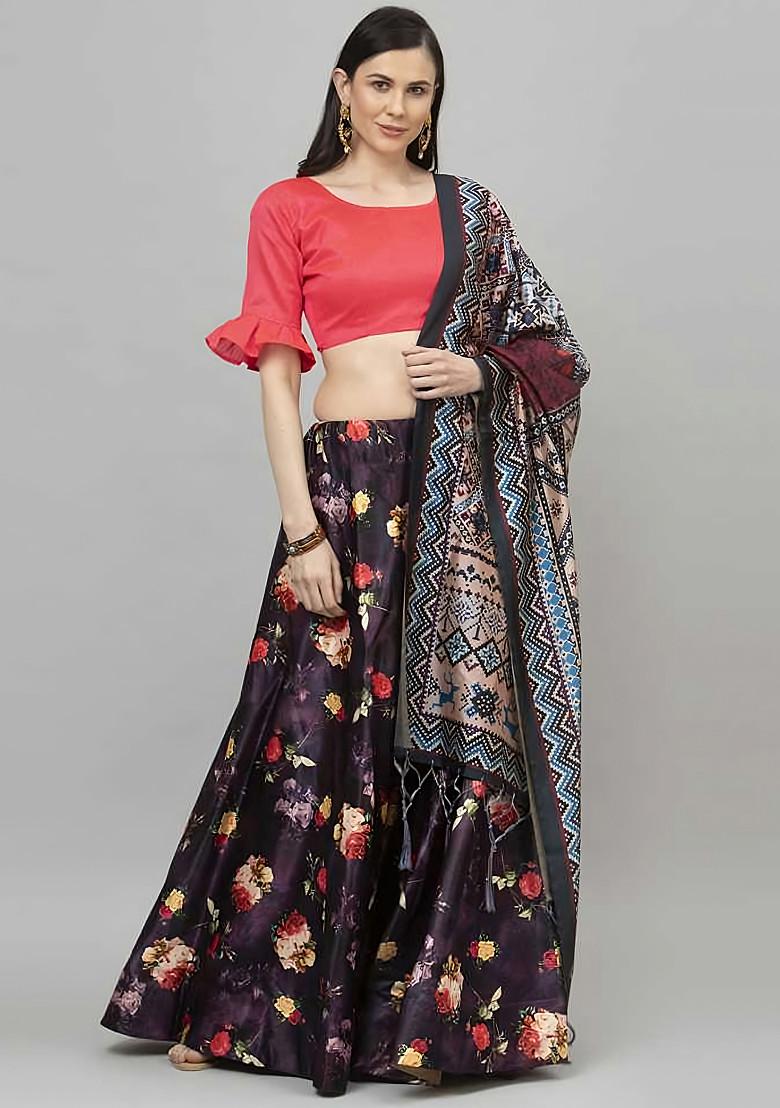 Fuchsia Pink Printed Silk Satin Lehenga Set