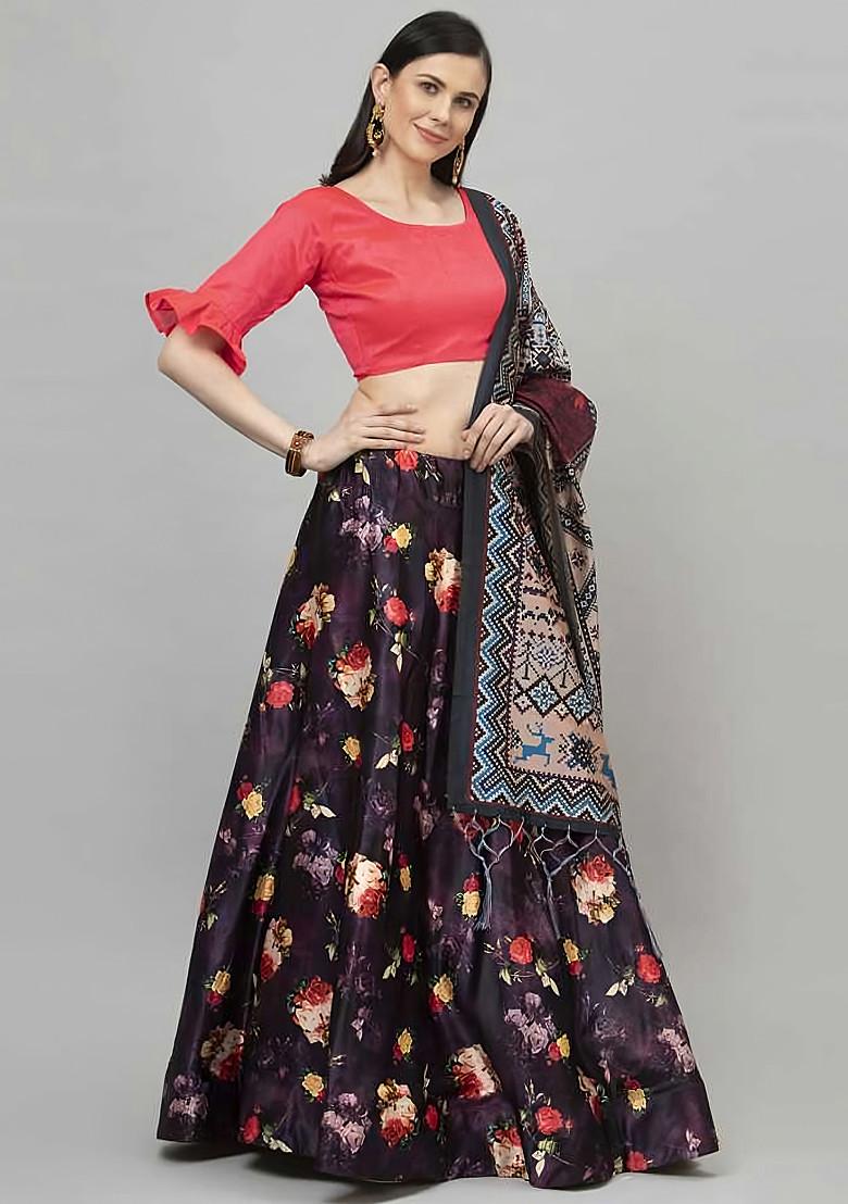 Fuchsia Pink Printed Silk Satin Lehenga Set