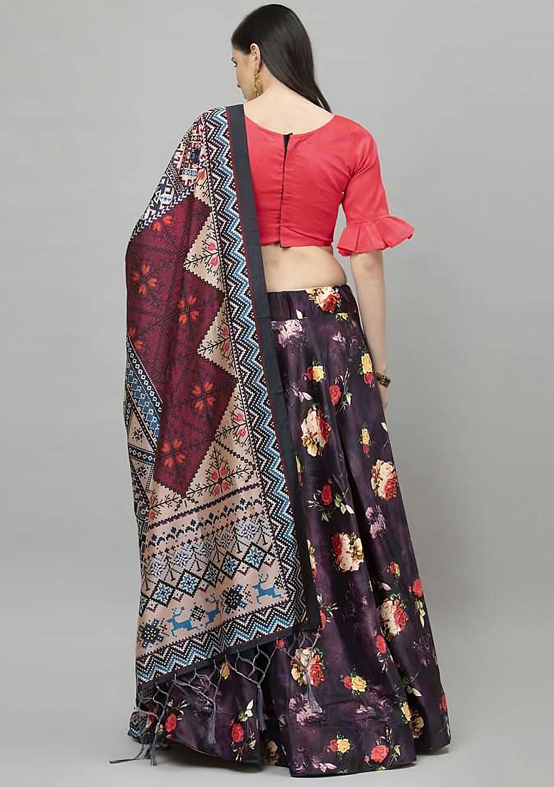 Fuchsia Pink Printed Silk Satin Lehenga Set