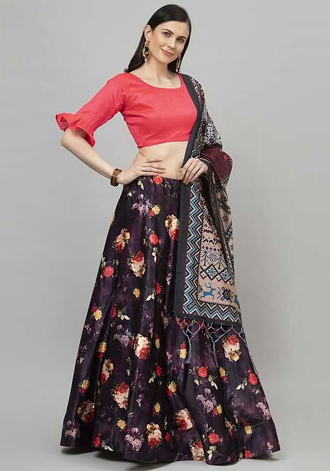 Fuchsia Pink Printed Silk Satin Lehenga Set
