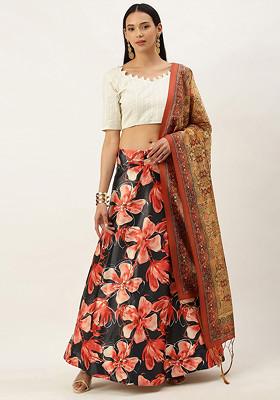 White Digital Print Silk Satin Lehenga Set