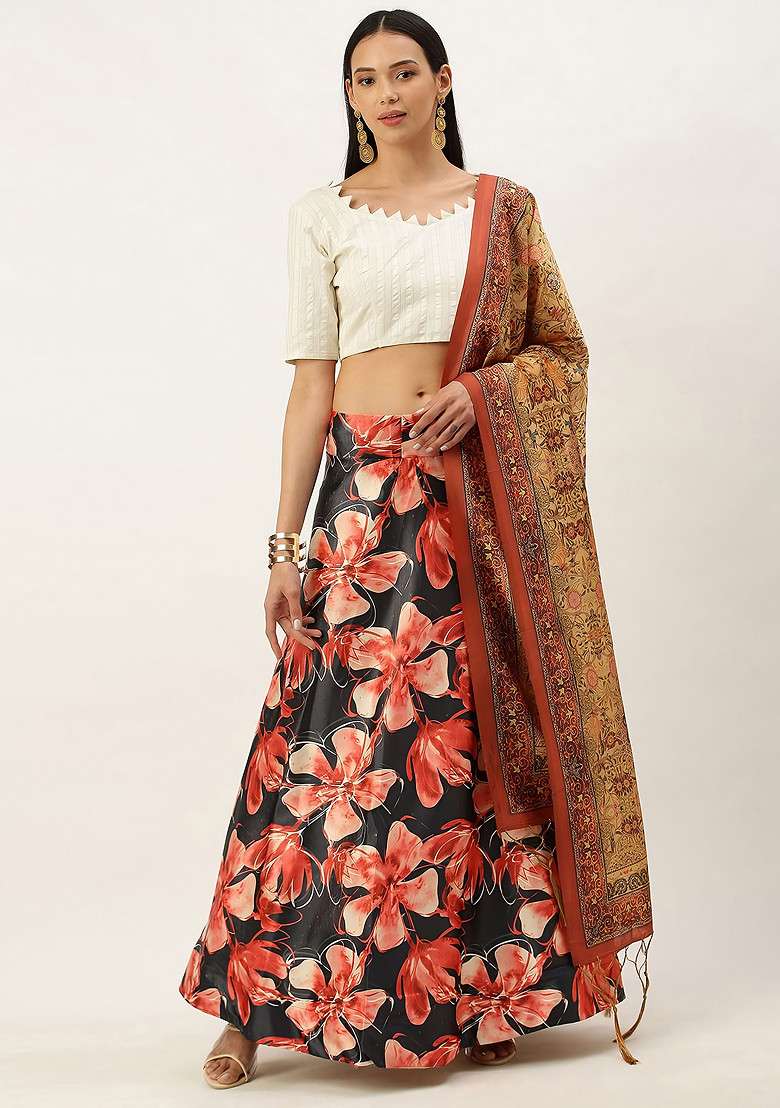 White Digital Print Silk Blend Satin Lehenga Set for Diwali and Festive Wear - Indya