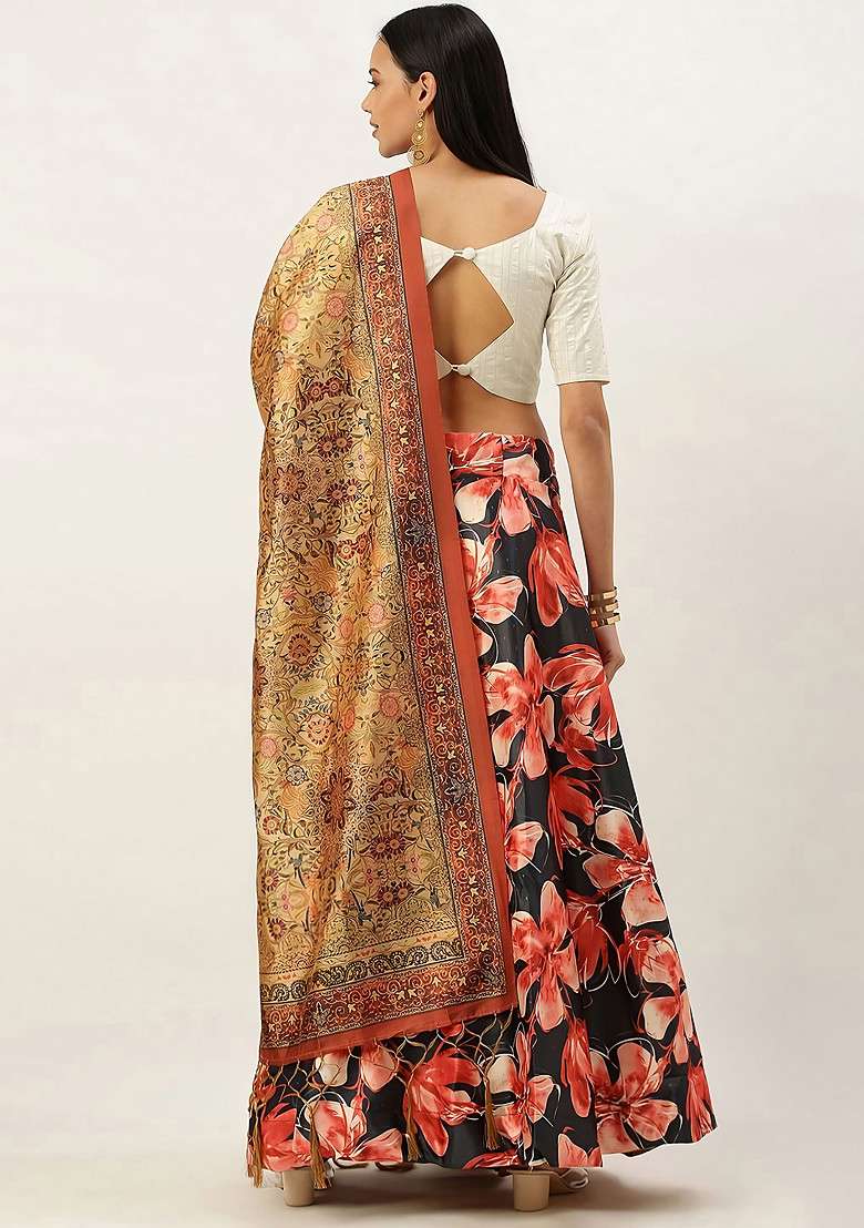 White Digital Print Silk Blend Satin Lehenga Set for Diwali and Festive Wear - Indya