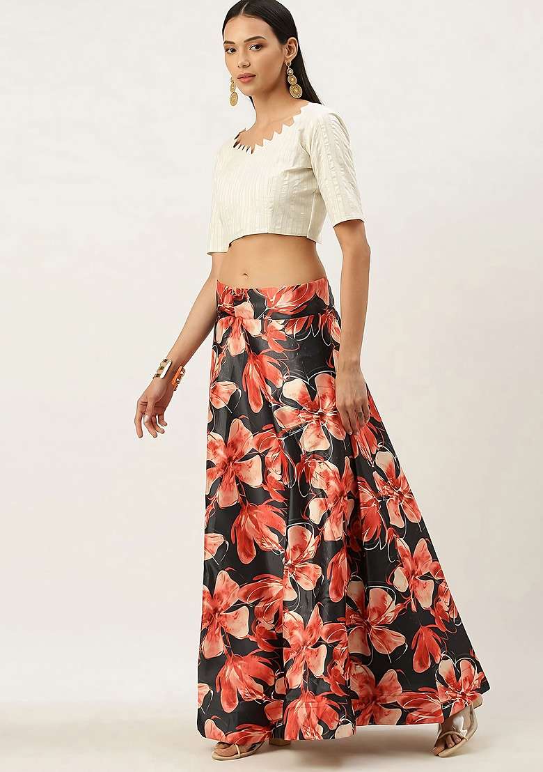 White Digital Print Silk Blend Satin Lehenga Set for Diwali and Festive Wear - Indya