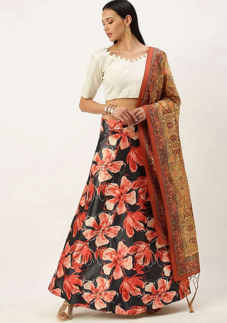 White Digital Print Silk Blend Satin Lehenga Set for Diwali and Festive Wear - Indya