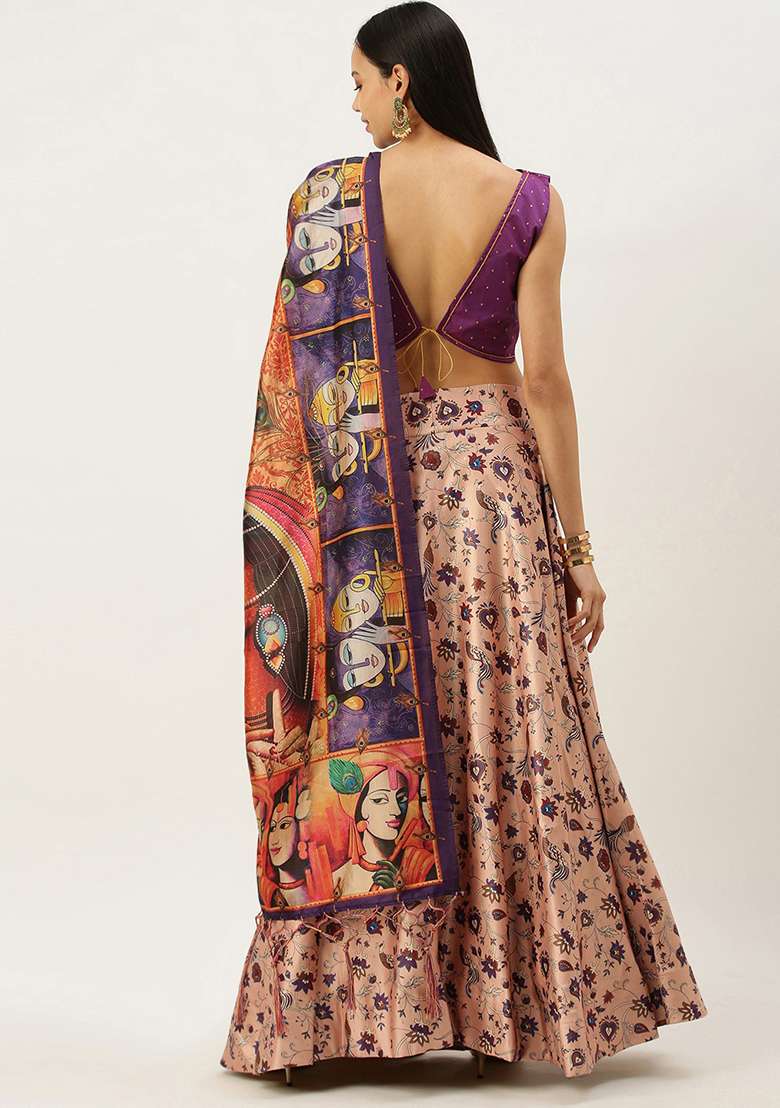 Violet Satin Silk Blend Lehenga Set with Printed for Diwali | Wedding & Festive Wear - Indya