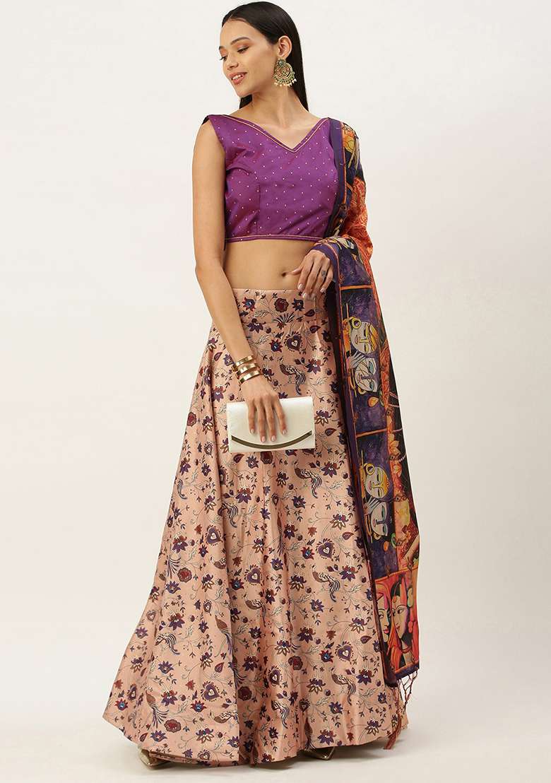 Violet Satin Silk Blend Lehenga Set with Printed for Diwali | Wedding & Festive Wear - Indya