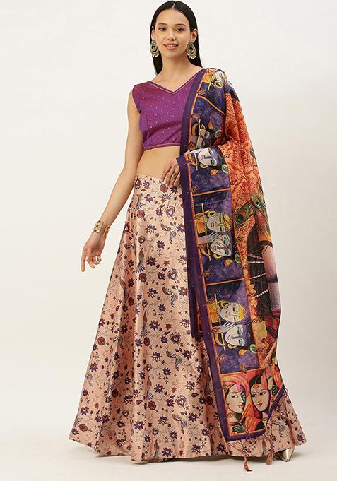 Violet Printed Silk Satin Lehenga Set